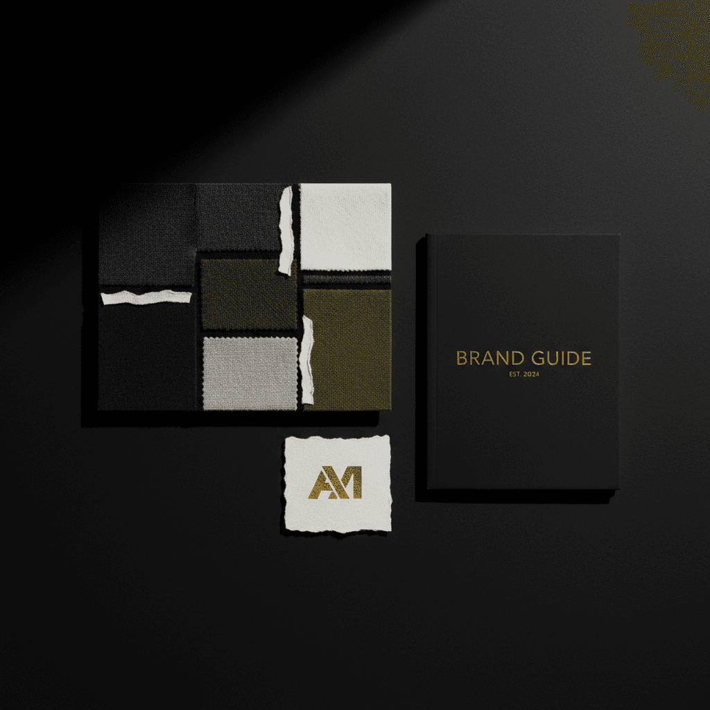 Brand identity design materials on a dark surface