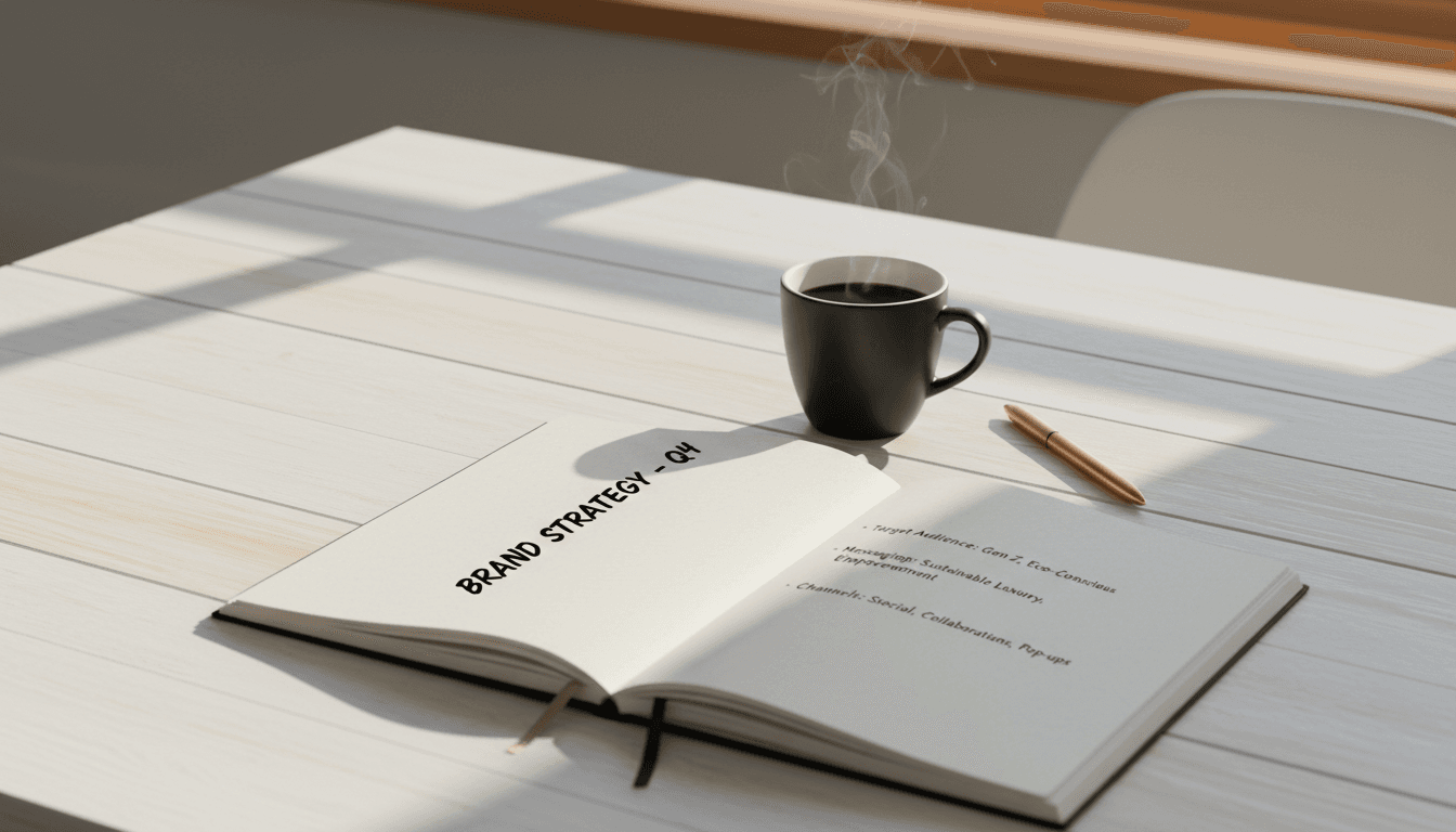 Notebook with brand strategy notes and coffee on desk