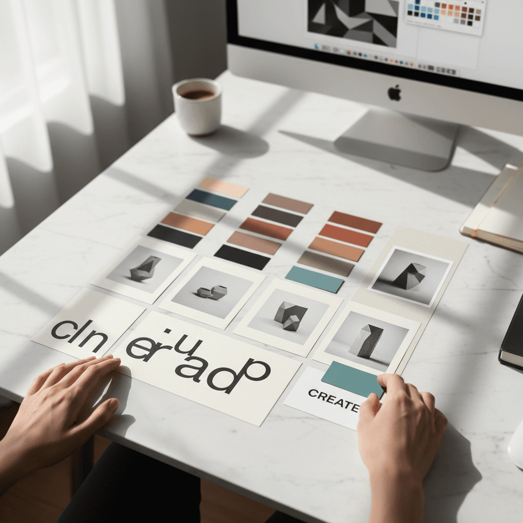 Brand strategy mood board with colors and typography