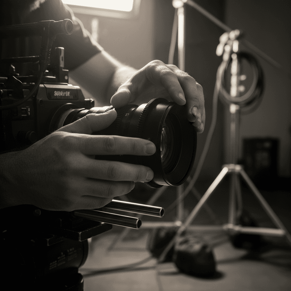 Camera rig being adjusted for content production